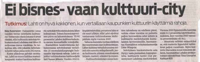42 Kunnan oman kulttuuritoiminnan ja sen itse tuottamien kulttuuripalvelujen kustannusten osuus oli kaikissa kaupungeissa vuonna 2010 yli puolet tilinpäätöksissä näkyvistä kulttuuritoiminnan