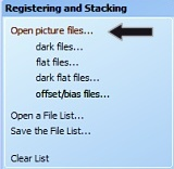 DeepSkyStacker-ohjelman käyttö 1. Kerro ohjelmalle mistä löytyy pinottavat ruudut, löytyy yläosasta kohdasta "Open picture files".