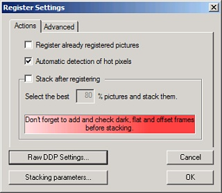 4. "Register checked pictures" kohdan alta löytyy "Register Settings" ja mene sieltä "Advanced"- välilehdelle. Napsauta kerran "Compute the number of detected stars".