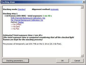 6. Tämän jälkeen paina OK. Tulee Stacking Steps, jossa on näkyy yhteenvetona pinoamismenetelmät sekä käyttämäsi valotusajat ja darkit.
