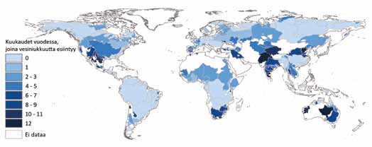Suomen vesijalanjäljen vaikutusten riskianalyysi maailmalla Suomen vesijalanjäljen vaikutusten riskianalyysi maailmalla Kuva 11. Sinisen veden niukkuus 405 valuma-alueella maailmassa.