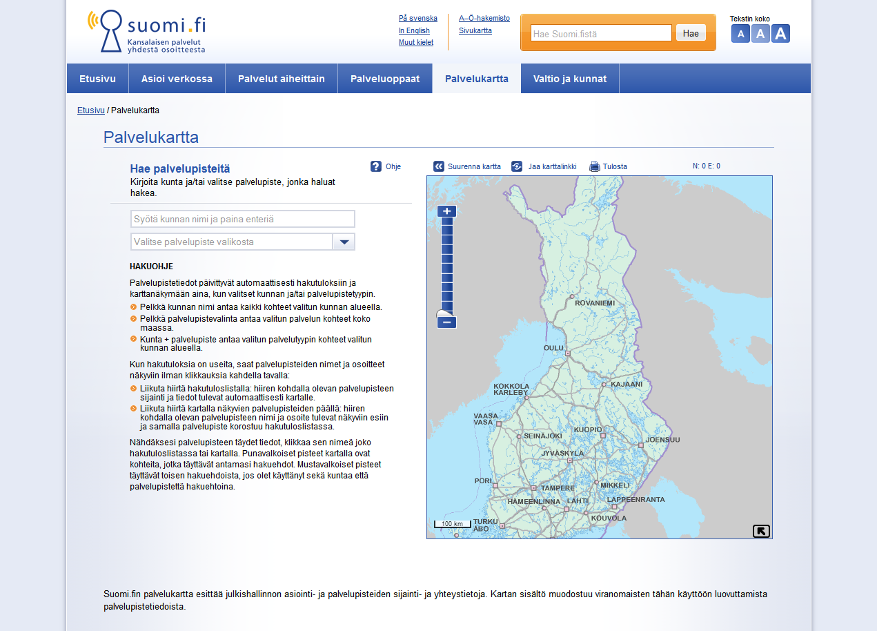 Palvelukartta Tietoja voi hakea kunnan tai palveluorganisaation nimellä tai