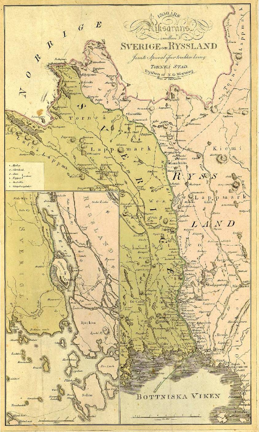 Kartassa näkyy vuoden 1809 rajalinja, mutta myös aiempi Länsipohjan ja Pohjanmaan välinen raja katkoviivalla. Tornion kaupungin kodalla rajalinja poikkesi joen pääväylästä.