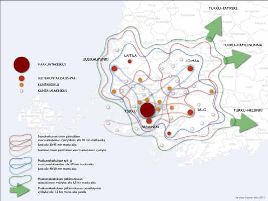 Kuva 3: Varsinais-Suomen vuorovaikutusvyöhykkeet. Varsinais-Suomen liikennestrategialuonnos 2014.