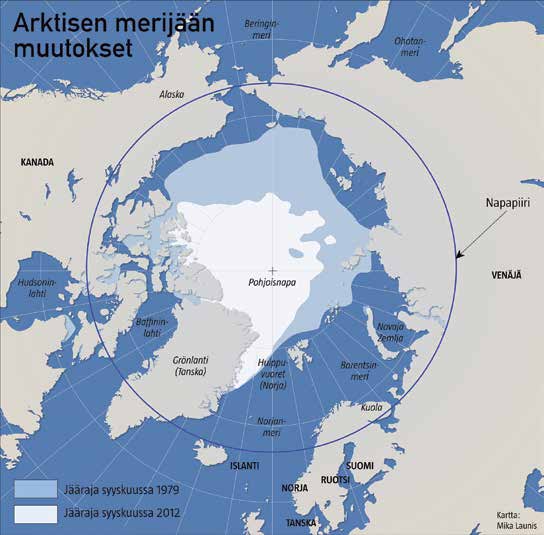 5 Ympäristö ja vakaus Lähteet: Sea Ice Extent 16.9.2012, National snow and ice data center, Boulder, CO 5.1 Arktinen ympäristö Arktisen alueen luonto on selvästi omaleimaista.