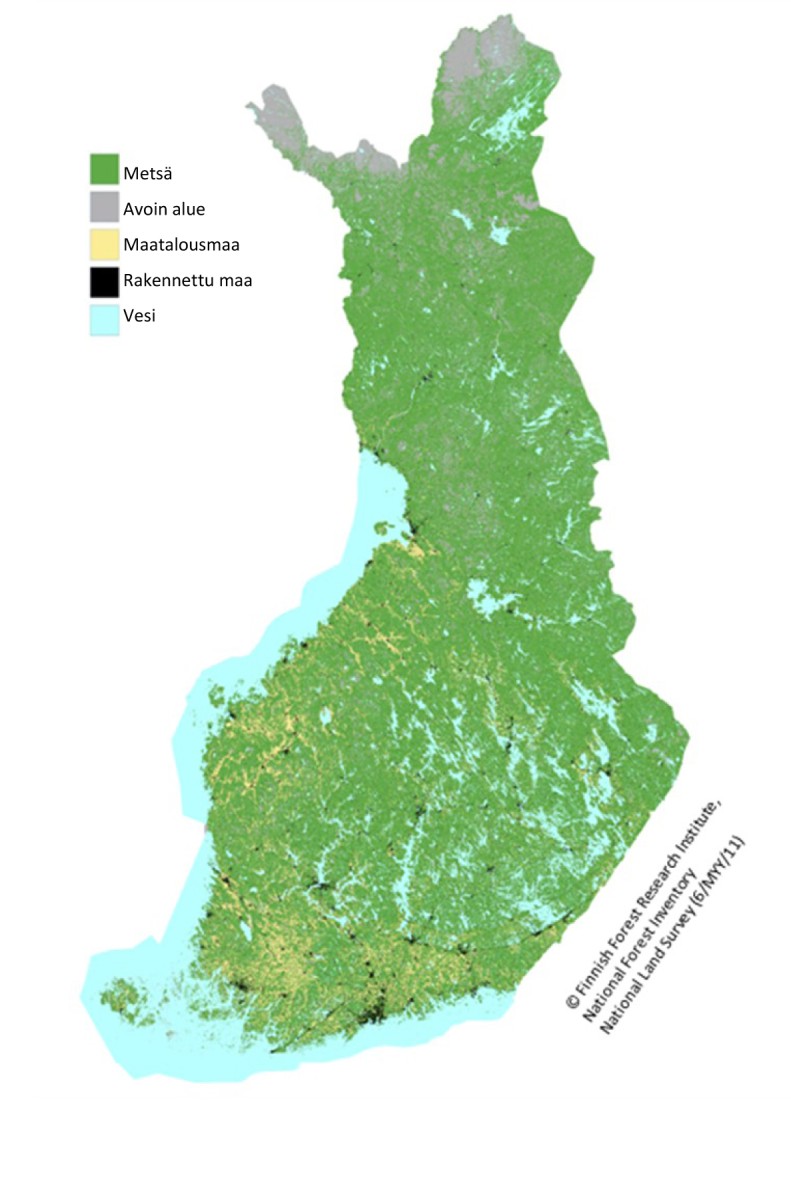 Kuva 3. Maankäyttöluokat Suomessa. Avoin alue pohjoisimmassa Suomessa viittaa pääasiallisesti avotuntureihin; muussa osassa maata se viittaa avosoihin.