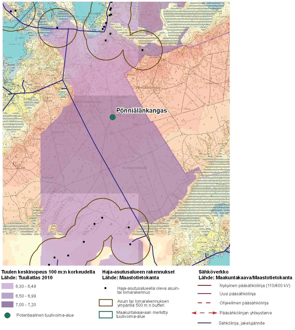 Taipalsaari, Pönniälänkangas Kriteeri Tieto Tuulisuus Tuuliatlaksen mukaan 100 m:n korkeudessa 6,3-6,5 m/s Etäisyys 110 kv:n voimajohtoon 8 km Tiestö kattava