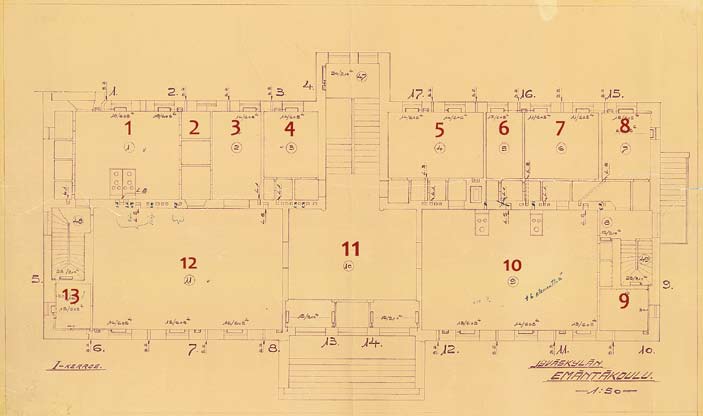 46 EMÄNTÄKOULURAKENNUS 1932 47 Yllä ensimmäisen kerroksen pohjapiirros ja tilojen suunnitellut käyttötarkoitukset: 1. Ruokalan keittiö, 2. Ruokakomerot, 3. Tiskaushuone, 4. Vierashuone, 5.