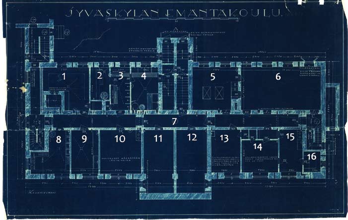 48 EMÄNTÄKOULURAKENNUS 1932 49 Kellarikerroksen pohjapiirros ja suunnitellut käyttötarkoitukset: 1. Leipomo, 2. Sauna, 3. Pesuhuone, 4. Pyykkitupa, 5. Pannuhuone, 6. Halkovarasto, 7. Keskikäytävä, 8.