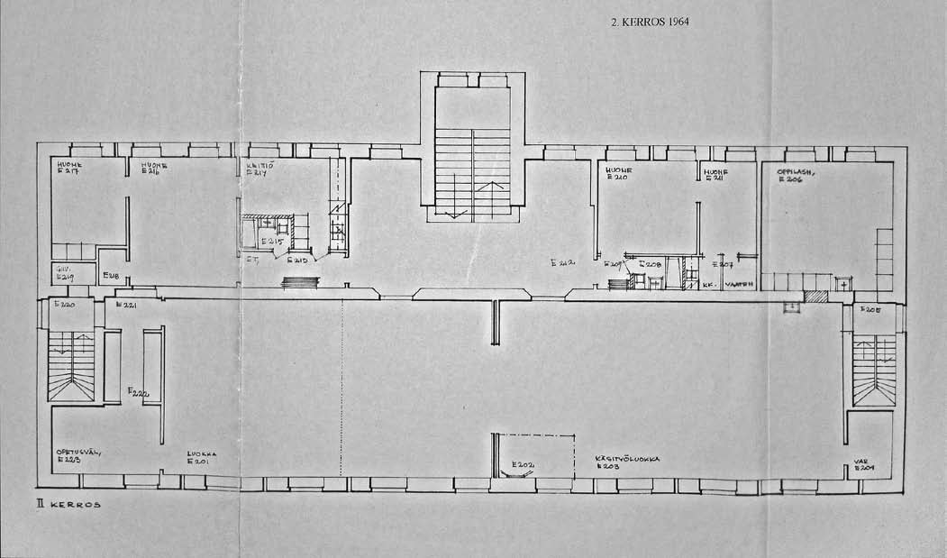 Vanhan emäntäkoulurakennuksen muutospiirustukset vuodelta 1964, toinen kerros.