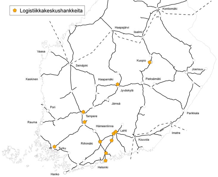 39 3.4.2 Logistiikkakeskushankkeet Etelä-Suomessa on viime vuosina ollut esillä lukuisia logistiikkakeskushankkeita, joista osa on edelleen vireillä ja osa ainakin toistaiseksi hylätty (kuva 10).