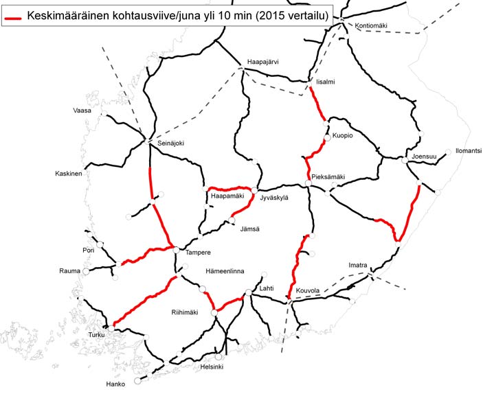 Liite 2 / 1 (2) VÄLITYSKYKYPUUTTEET VUONNA 2015 (VERTAILUVAIHTOEHTO) Rataosat, joilla tavarajunien ennustettu keskimääräinen kohtausviive/juna