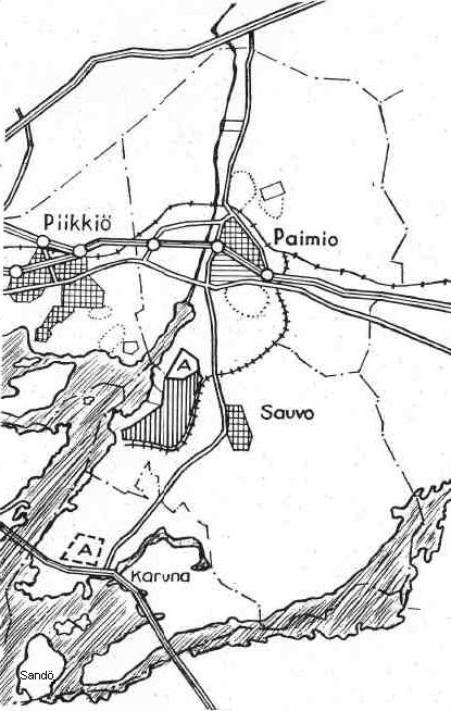 Kartta 1. Sauvon, Karunan, Paimion ja Piikkiön alueet keskuksineen sekä Sandö. Lähde: Kunnallislehti 25.3.1971. N:o 12, 7. Kartta tekijän muokkaama.