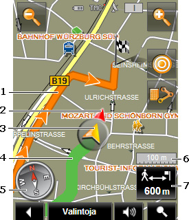 1 Reittiä jota laskettiin digitalisoidun tieverkoston perusteella, on merkitty oranssin värisenä. 2 Missä päin kohteesi sijaitsee näytetään (punainen kolmio).