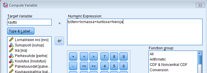 IBM SPSS Statistics 21 10 Yllä määritetään summamuuttujaa etuisuuksien käytöstä. Laskennan seurauksena datanäkymän (Data View) viimeiseen sarakkeeseen muodostuu uusi muuttuja.