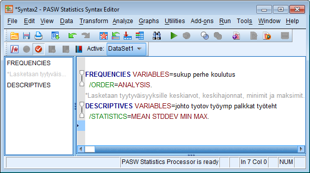 IBM SPSS Statistics 21 35 Yllä on lisätty ennen DESCRIPTIVES-komentoa oma kommentti. Voit suorittaa syntaksi-ikkunan komentoja Run-valikon kautta.