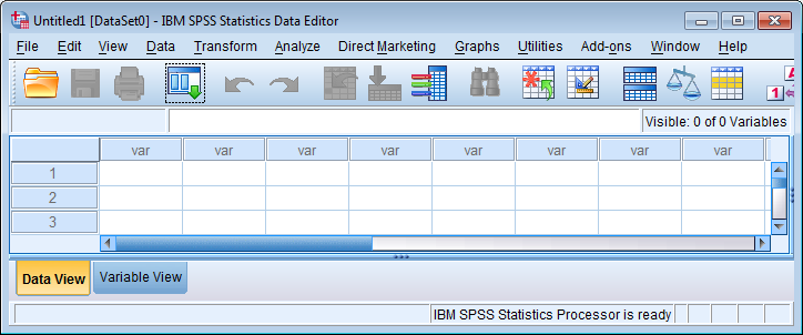 IBM SPSS Statistics 21 2 SPSS-pääikkunassa voit taulukon alareunan välilehdistä valita datanäkymän tai muuttujanäkymän. Data View eli datanäkymään syötät aineiston.