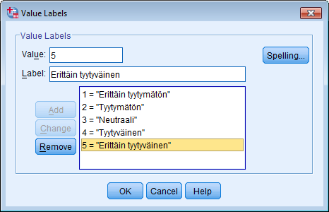 IBM SPSS Statistics 21 4 Label ja Values Jos muuttujasta lasketaan tuloksia, niin Label tulee mukaan tulostaulukoiden otsikoihin.