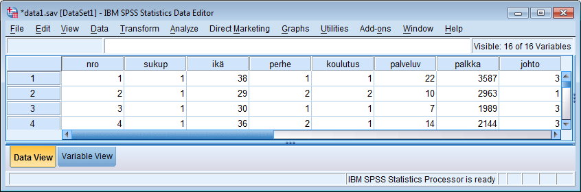 IBM SPSS Statistics 21 5 Yhteisiä määrittelyitä usealle muuttujalle Jos usealla muuttujalla on samanlaisia määrittelyitä, niin voit hyödyntää kopiointia: 1.