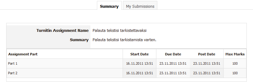 52 3. 5. 4. 6. 6.12.2 Tekstin palauttaminen Turnitin-tehtävään 1. Napsauta Turnitin tehtävää Moodlen työtilassa 1. 2. Valitse My submissions 2. 3. Kirjoita palautukselle nimi Submission Title -tekstikenttään 4.
