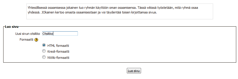 Valitse Navigaatio-lohkosta Wikin alta Uusi. 3.
