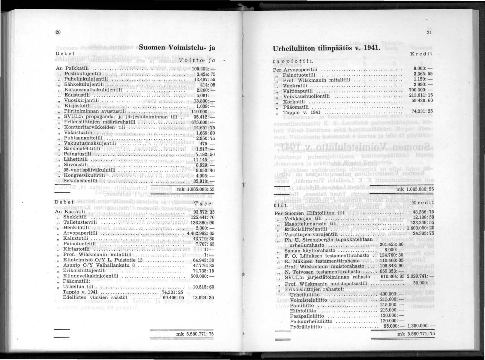 20 De b e t Suomen Voimistelu- ja An Palkkatili " Postikulujentili.................... " Puh elinkuluj entili..................... " Sähkekulujentili.............. " Kokousmatkakulujentili.