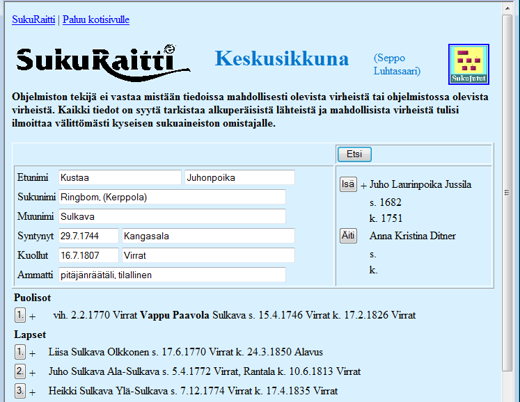 Etsi -painikkeella päästään tekemään henkilöhakuja kyseisen sukututkijan keräämään aineistoon.