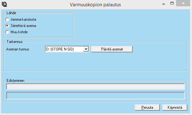 Tämän jälkeen palautetaan varmuuskopio valitsemalla Käynnistä. Muu kohde valinnalla voidaan varmuskopio palauttaa mistä tahansa kansiosta.