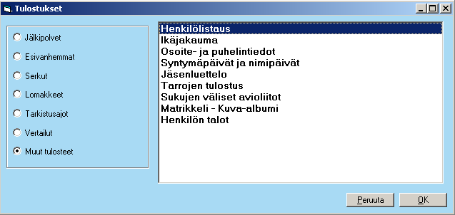 16. Tulosta muut tulosteet Henkilölistaus Tulostaa joko kaikki henkilöt tai päähenkilön jälkeläiset puolisoineen sukunimen, etunimen, myöhempi