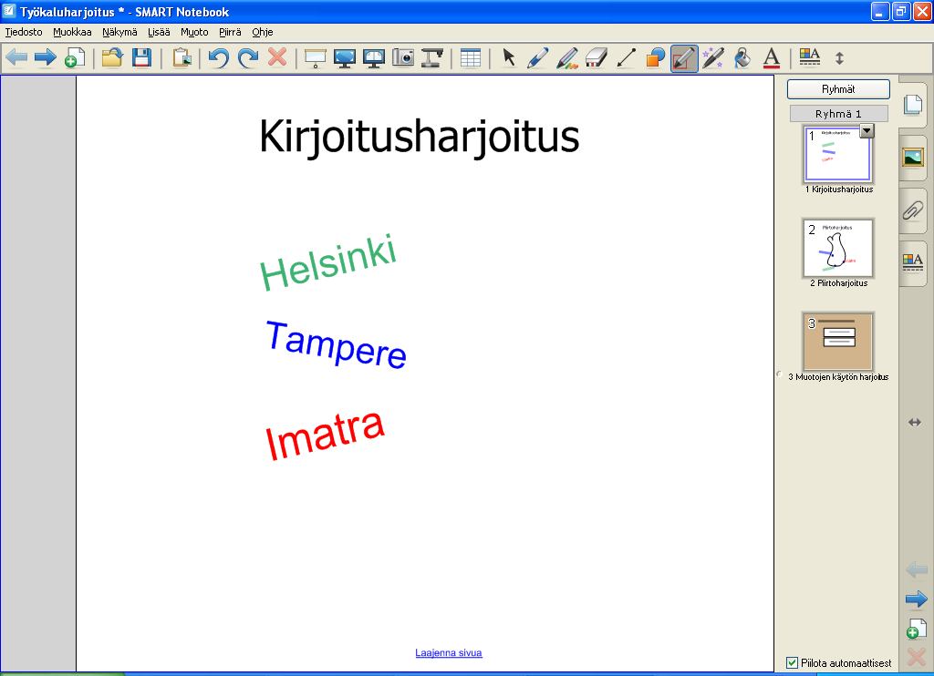 Harjoitus 2-09: Geometriakynä ja täyttöväri Siirry sivulle 1 ja valitse Geometriakynä. Voit suurentaa (oikea tai alas) ja pienentää (vasen tai ylös) aluetta vetämällä hiirellä.