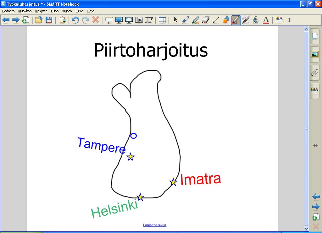 Siirry sivulle 2. Geometriakynä on edelleen valittuna. Piirrä pieni ympyrä suunnilleen siihen kohtaan missä on Oulu. Piirros muuttuu ympyräksi. Ympyrä oikenee kun piirrät sen.