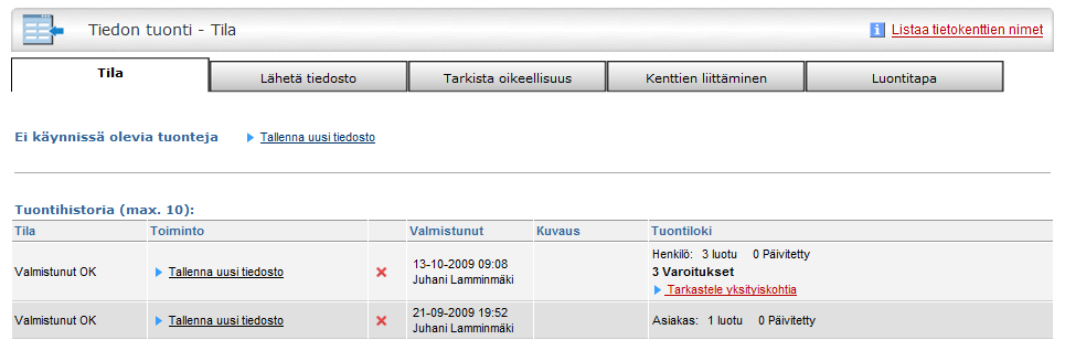 Näitä tietoja käytetään tuomaan asiakkaan kontaktihenkilöt, mutta myös luomaan tehtävät. Huomaat, että Markkinointikirje sarakkeessa on kahdella rivillä K kirjain.