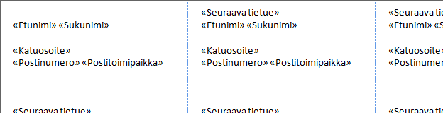 Word 2010 Tehokas käyttö s. 28/41 tukset sopiviksi. Napsauta sitten Päivitä kaikki osoitetarrat, jolloin ensimmäisen tarran kentät kopioituvat kaikkiin tarroihin.