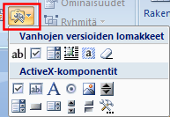 Word 2010 Tehokas käyttö s. 30/41 Ohjausobjektien lisääminen 1. Valitse Kehitystyökalut-välilehden Ohjausobjektit-ryhmästä Suunnittelutila. 2. Napsauta sitten kohtaa, johon halua lisätä ohjausobjektin.