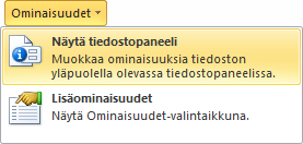 Valintanauhan alapuolelle avautuu lisäikkuna, johon voidaan kirjoittaa asiakirjan perustiedot, kuten tekijä, otsikko (asiakirjan nimi), aihe (asiakirjan sisällön aihe) ja kommentit