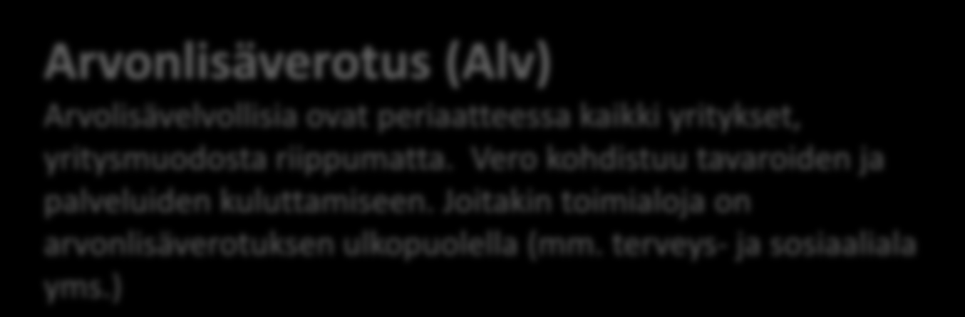 Arvonlisäverotus (Alv) Arvolisävelvollisia ovat periaatteessa kaikki yritykset,