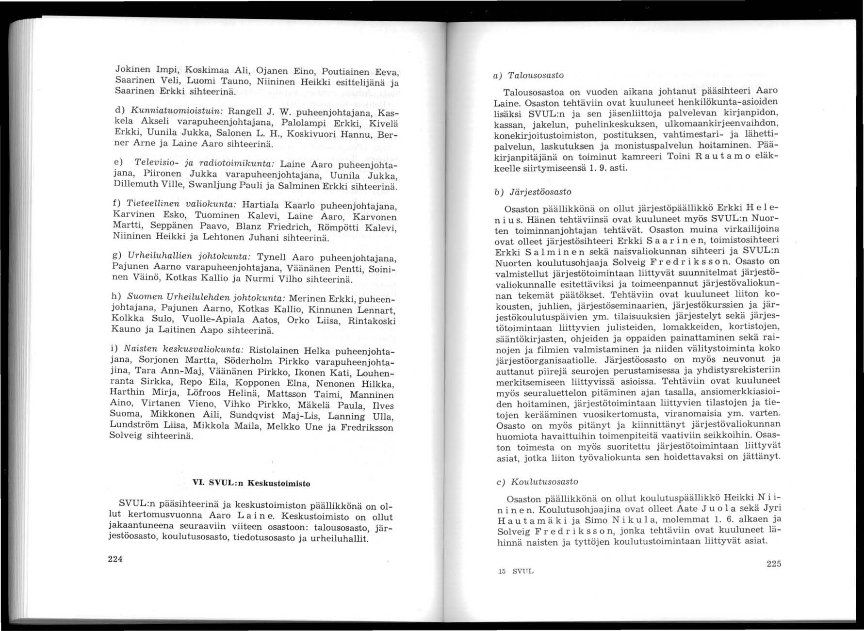 Jokinen Impi, Koskimaa Ali, Ojanen Eino, Poutiainen Eeva, Saarinen Veli, Luomi Tauno, Niininen Heikki esittelijänä ja Saarinen Erkki sihteerinä. d) Kunniatuomioistuin: Rangell J. W.