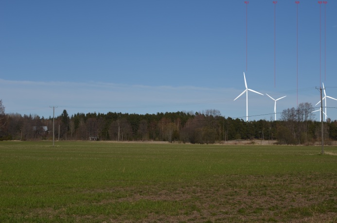 näkymäalueet on esitetty lisäksi YVA-selostuksen kuvassa 72. Uuden tuulipuiston layoutin mukainen näkymäanalyysi on laadittu keväällä 2014. 3.3.1 Päivitetyt visualisoinnit Kuva 5.