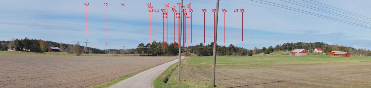 Kuva 13. Havainnekuva Norrgårdista hankealueelle. Tuulivoimalat eivät juuri muuta maisemaa.