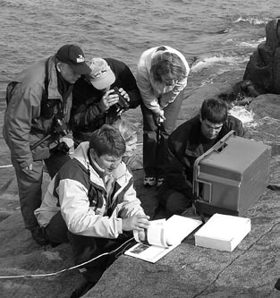 4 3. juunil 2005 Feliskäretil Oulu saarestikus mereuuringute välitöövarustust uurimas: Ilkka Heikkinen (vasakult), Tiit Sillaots, Georg Martin, Leena Rinkineva-Kantola, Ülle Harak, Kari Hallantie