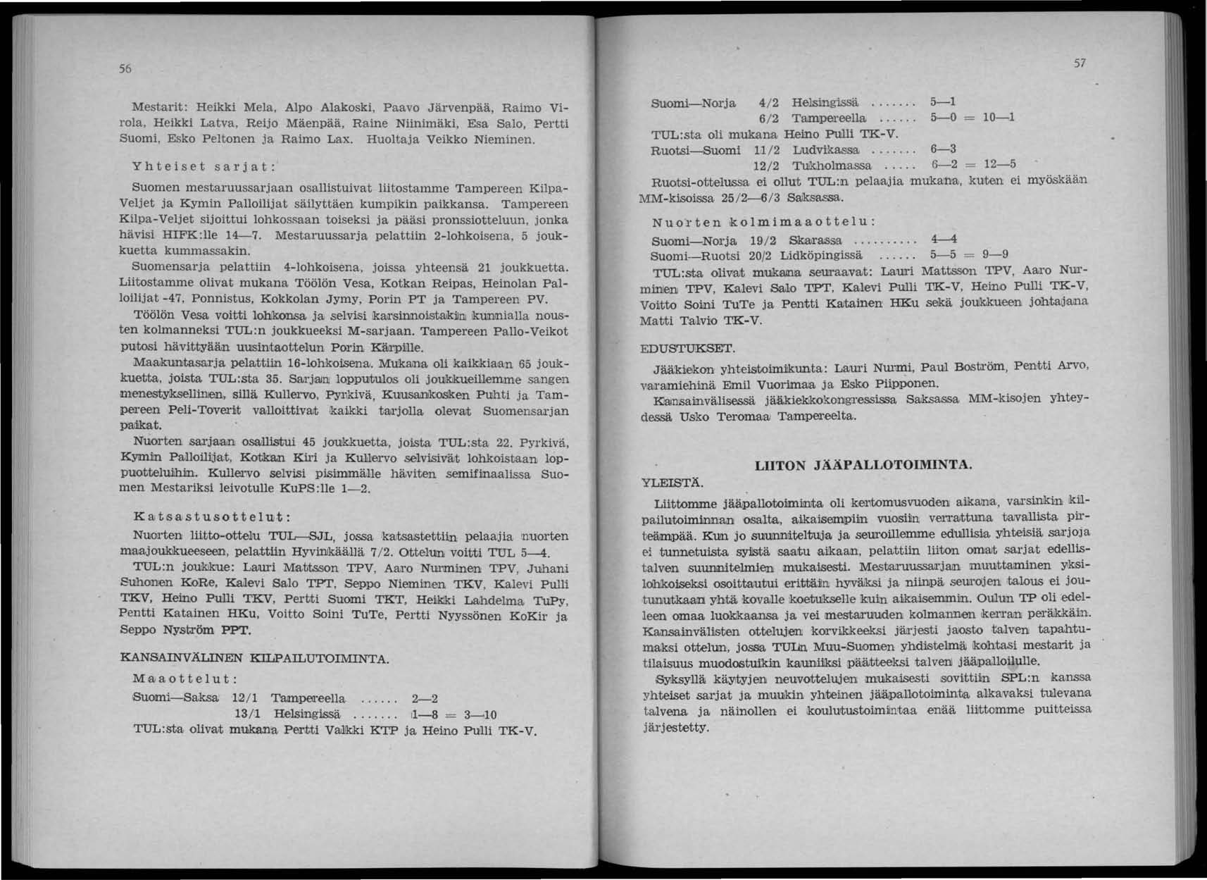 56 Mestarit: Heikki Mela, Alpo Alakoski, P aavo Järvenpää, Raimo Virola, Heikki Latva, Reijo Mäenpää, Raine Niinimäki, Esa Salo, Pertti Suomi, Esko Peltonen ja Raimo Lax. Huoltaja Veikko Nieminen.