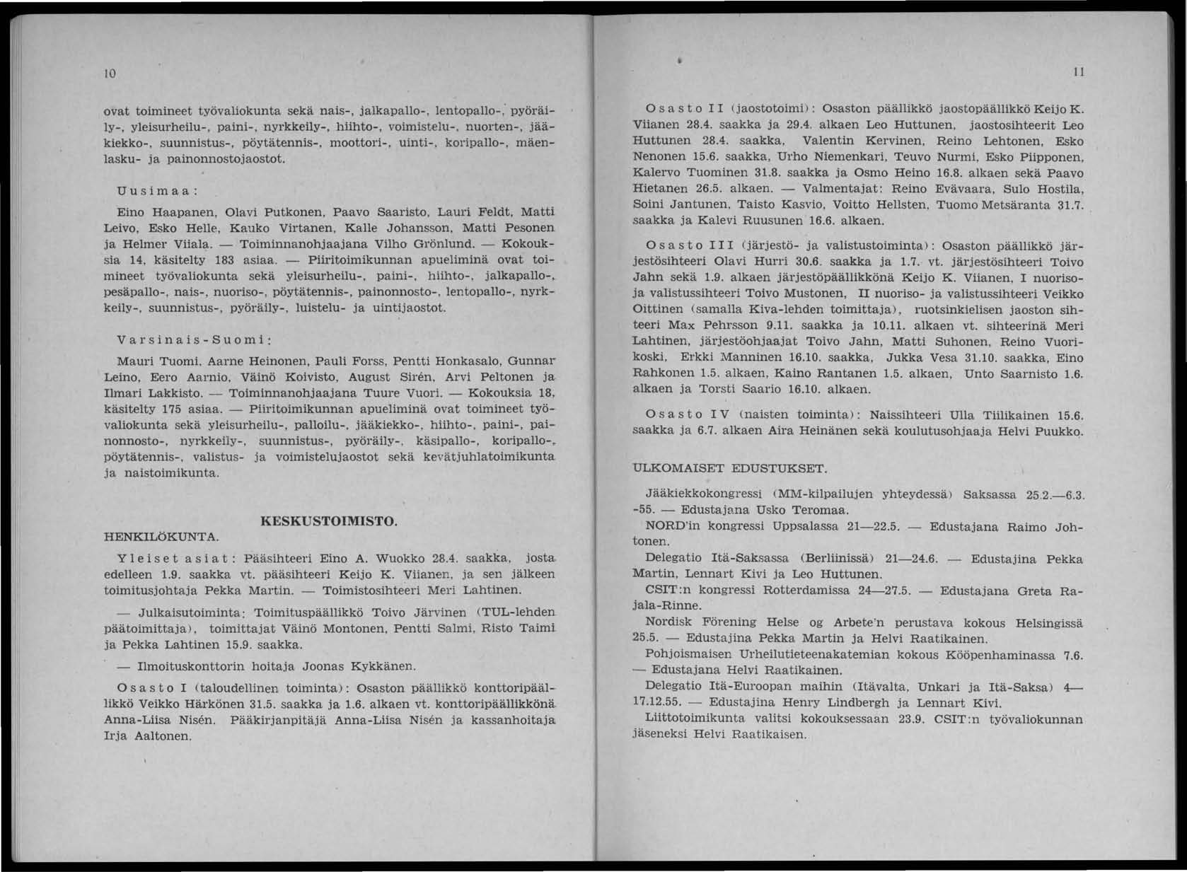 10 ovat toimineet työvaliokunta sekä nais-, jalkapallo-. lentopallo-, pyöräily-, yleisurheilu-, paini-, nyrkkeily-, hiihto-, voimistelu-.