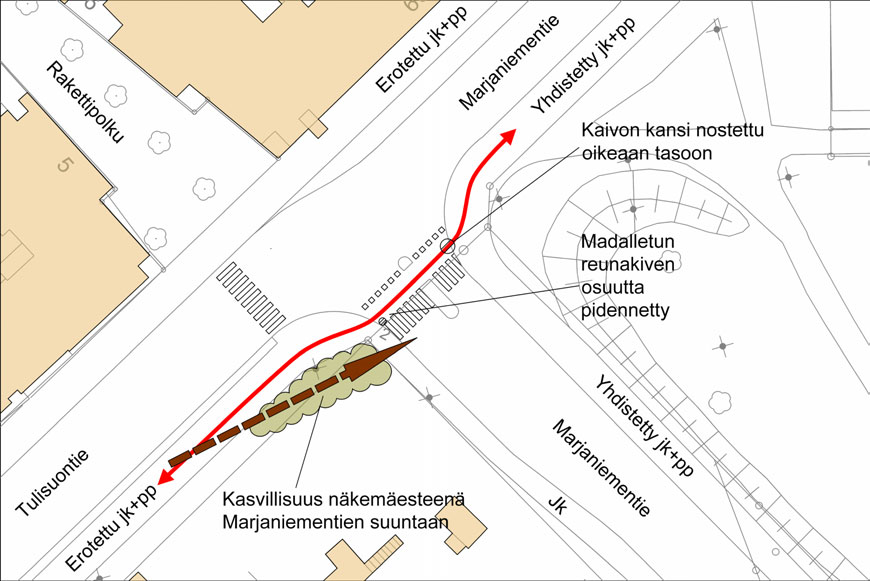 Kerrostalon kohdalla katua kavennetaan ja kevyen liikenteen väylää levennetään reilulla kahdella metrillä. Kevyen liikenteen väylästä erotellaan reunakiven viereen kaksi metriä leveä kivetty ns.