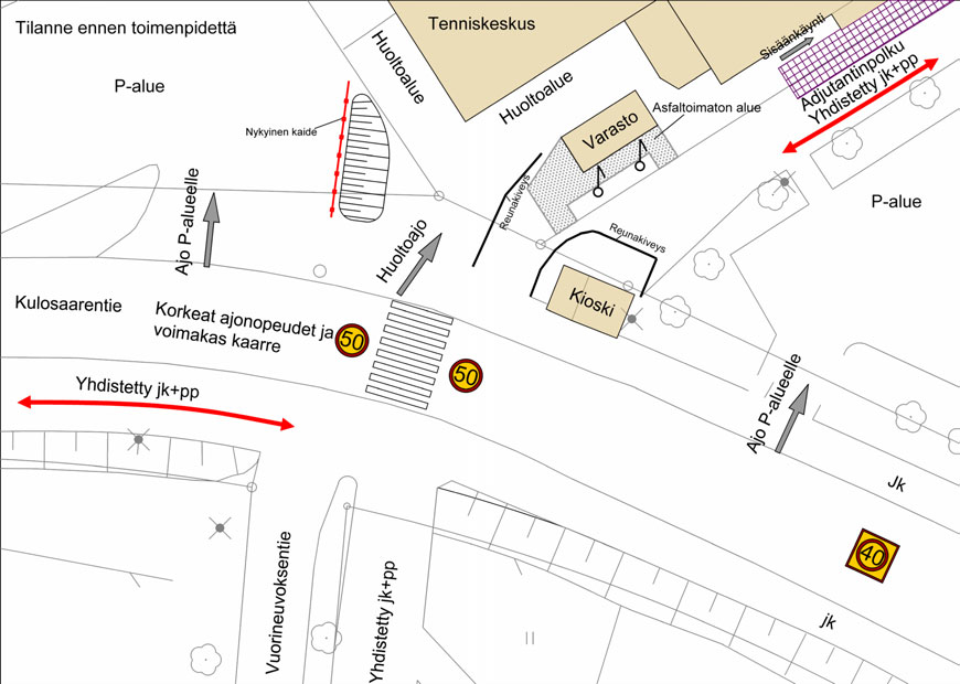 on jäsentymätön sekä linjauksiltaan mutkikas, koska lipputangot ja vanhat (ennen tenniskeskuksen rakentamista asennetut) reunakivet ovat esteinä.