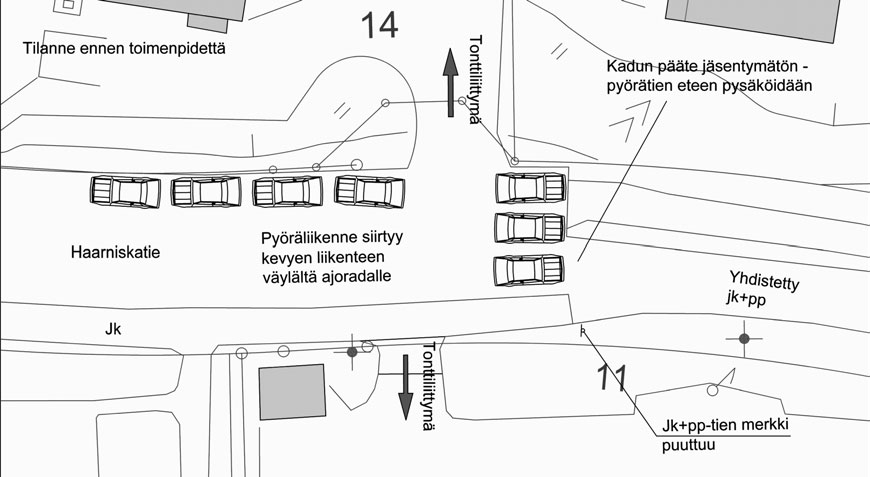 Liittymään jäsennellään kaventamalla liittymän suuaukkoa ja jatkamalla Vehkalahdentien reunakivilinjoja Itäväylän reunaan. Kevyen liikenteen yhteyden kohdalle maalataan Vehkalahdentien yli suojatie.