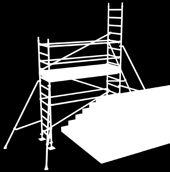 Kun asennus tehdään portaisiin, on suositeltavaa aloittaa 2-metrin kehyksellä alimmalla tasolla, jotta vakavuus taataan. Asenna pyörät kehyksiin ja lukitse pyörät. 3.