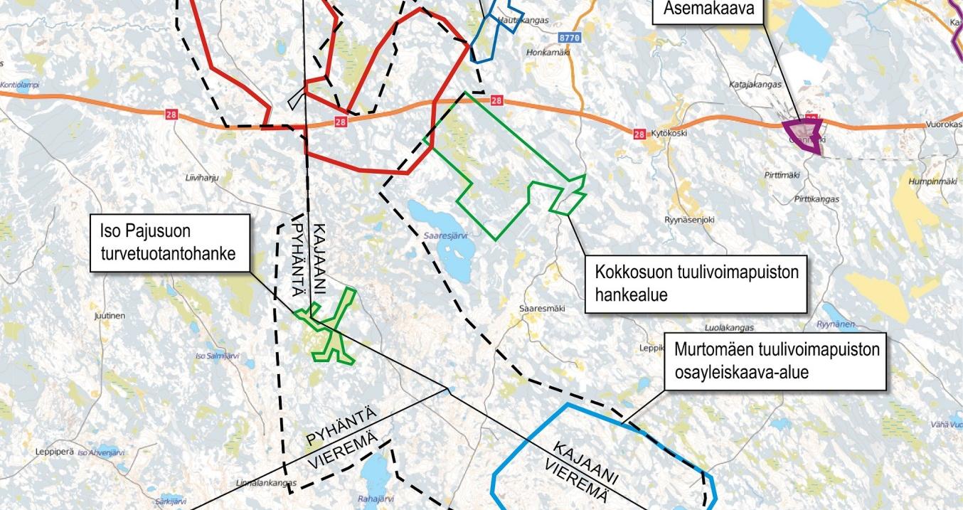 Osayleiskaavan suunnittelualue on esitetty punaisella viivarajauksella ja YVAhankealue mustalla katkoviivalla. Lähde: Kajaanin kaupunki, Pyhännän ja Siikalatvan kunnat. 4.