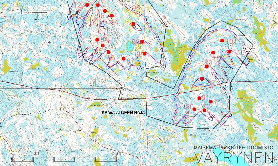 Keltaisella ympyrällä merkitystä metsästysmajan paikasta on laskettu tarkat vilkkumisajat. (Maisemaarkkitehtitoimisto Väyrynen Oy) 7.2.
