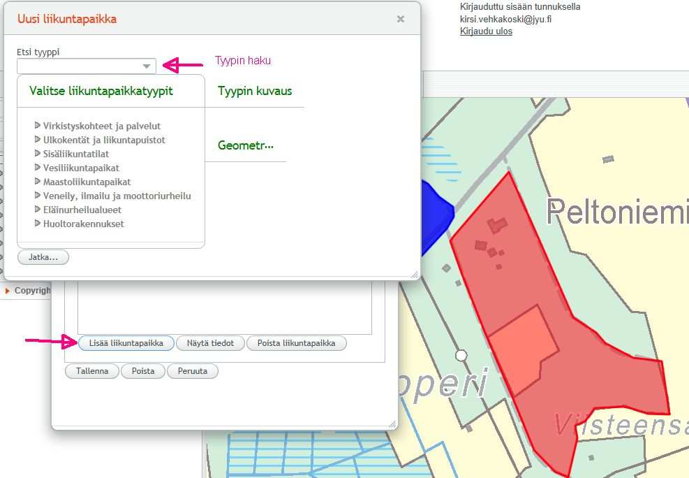 Aluemaiset liikuntapaikkatyypit löytyvät Virkistyskohteet ja palvelut -pääluokan alta. Valittuasi liikuntapaikkatyypin klikkaa jatka. Pääset täyttämään liikuntapaikan perustietoja.