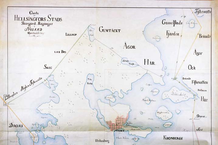 9 Kartta vuodelta 1781. Pasilan konepajan tuleva sijaintipaikka on Sörnäisten järven luoteispuolella.